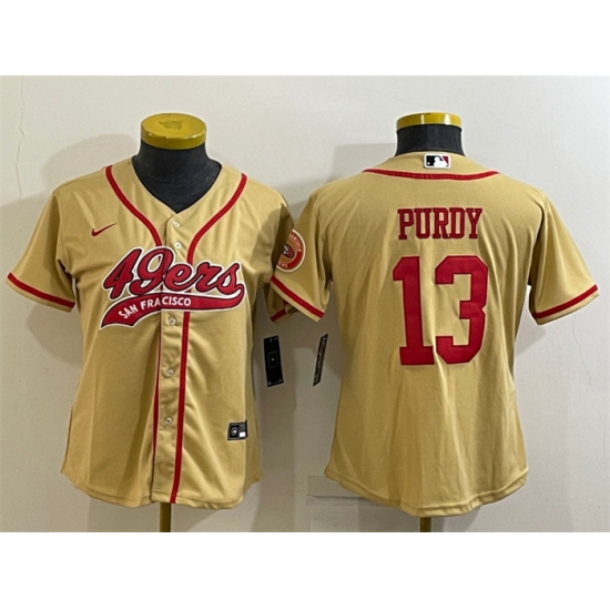 Women San Francisco 49ers 13 Brock Purdy Gold With Patch Cool Base Stitched Baseball Jersey Women San Francisco 49ers 13 Brock Purdy Gold With Patch Cool Base Stitched Baseball Jersey