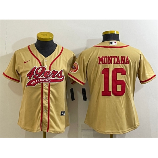 Women San Francisco 49ers 16 Joe Montana Gold With Patch Cool Base Stitched Baseball Jersey Women San Francisco 49ers 16 Joe Montana Gold With Patch Cool Base Stitched Baseball Jersey