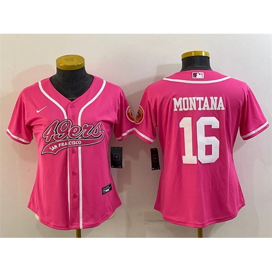 Women San Francisco 49ers 16 Joe Montana Pink With Patch Cool Base Stitched Baseball Jersey Women San Francisco 49ers 16 Joe Montana Pink With Patch Cool Base Stitched Baseball Jersey