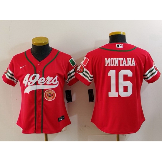 Women San Francisco 49ers 16 Joe Montana Red Mexico With Patch Cool Base Stitched Baseball Jersey 1 Women San Francisco 49ers 16 Joe Montana Red Mexico With Patch Cool Base Stitched Baseball Jersey 1