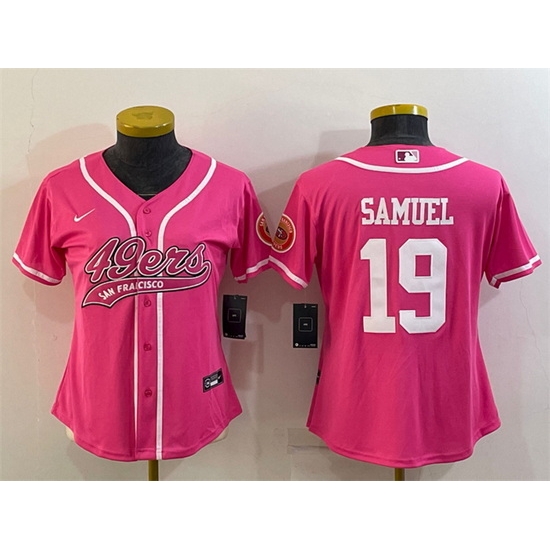 Women San Francisco 49ers 19 Deebo Samuel Pink With Patch Cool Base Stitched Baseball Jersey Women San Francisco 49ers 19 Deebo Samuel Pink With Patch Cool Base Stitched Baseball Jersey