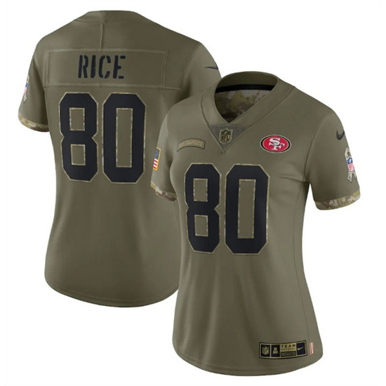Women San Francisco 49ers 80 Jerry Rice Olive 2022 Salute To Service Limited Stitched Jersey Women San Francisco 49ers 80 Jerry Rice Olive 2022 Salute To Service Limited Stitched Jersey