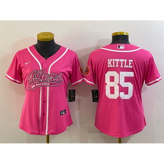 Women San Francisco 49ers 85 George Kittle Pink With Patch Cool Base Stitched Baseball Jersey Women San Francisco 49ers 85 George Kittle Pink With Patch Cool Base Stitched Baseball Jersey