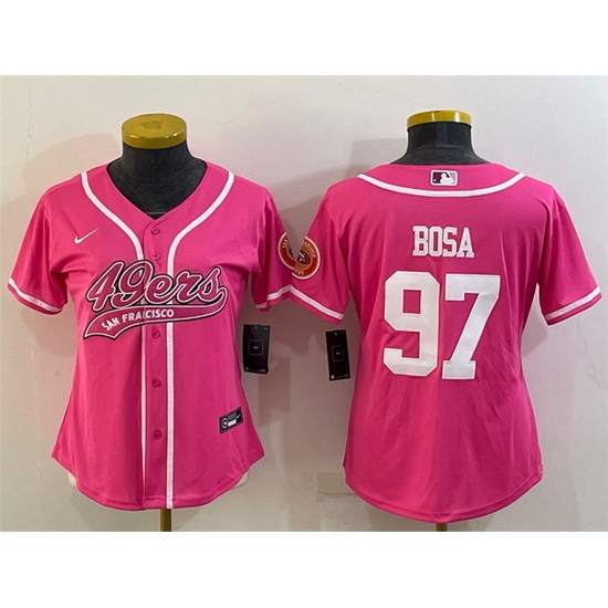 Women San Francisco 49ers 97 Nick Bosa Pink With Patch Cool Base Stitched Baseball Jersey Women San Francisco 49ers 97 Nick Bosa Pink With Patch Cool Base Stitched Baseball Jersey