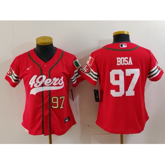 Women San Francisco 49ers 97 Nick Bosa Red Mexico With Patch Cool Base Stitched Baseball Jersey Women San Francisco 49ers 97 Nick Bosa Red Mexico With Patch Cool Base Stitched Baseball Jersey