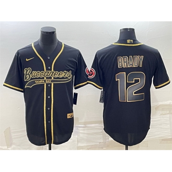 Men Tampa Bay Buccaneers 12 Tom Brady Black Gold With Patch Cool Base Stitched Baseball Jersey Men Tampa Bay Buccaneers 12 Tom Brady Black Gold With Patch Cool Base Stitched Baseball Jersey