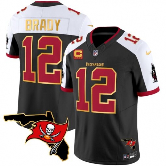Men Tampa Bay Buccaneers 12 Tom Brady Black White F U S E With 4 Star C Ptach And Florida Patch Gold Trim Vapor Stitched Jersey Men Tampa Bay Buccaneers 12 Tom Brady Black White F U S E With 4 Star C Ptach And Florida Patch Gold Trim Vapor Stitched Jersey