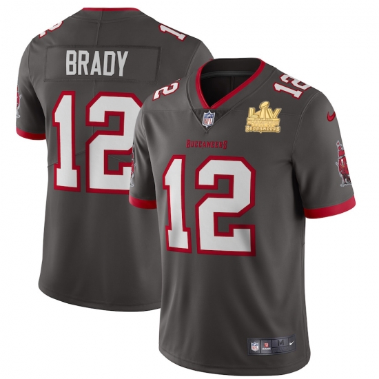 Men Tampa Bay Buccaneers 12 Tom Brady Men Super Bowl LV Champions Patch Nike Pewter Alternate Vapor Limited Jersey Men Tampa Bay Buccaneers 12 Tom Brady Men Super Bowl LV Champions Patch Nike Pewter Alternate Vapor Limited Jersey