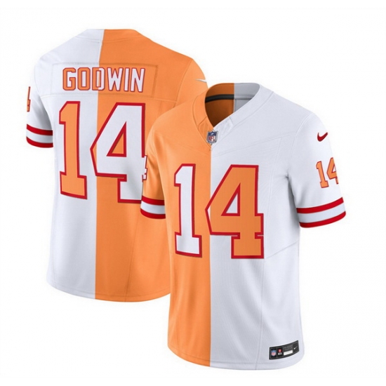 Men Tampa Bay Buccaneers 14 Chris Godwin 2023 F U S E White Gold Split Throwback Limited Stitched Jersey Men Tampa Bay Buccaneers 14 Chris Godwin 2023 F U S E White Gold Split Throwback Limited Stitched Jersey