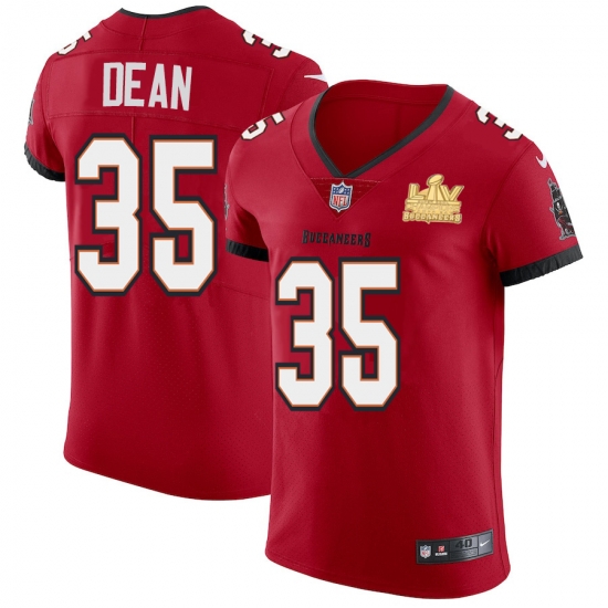 Men Tampa Bay Buccaneers 35 Jamel Dean Men Super Bowl LV Champions Patch Nike Red Vapor Elite Jersey Men Tampa Bay Buccaneers 35 Jamel Dean Men Super Bowl LV Champions Patch Nike Red Vapor Elite Jersey