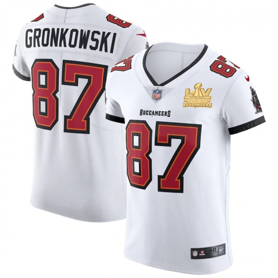 Men Tampa Bay Buccaneers 87 Rob Gronkowski Men Super Bowl LV Champions Patch Nike White Vapor Elite Jersey Men Tampa Bay Buccaneers 87 Rob Gronkowski Men Super Bowl LV Champions Patch Nike White Vapor Elite Jersey