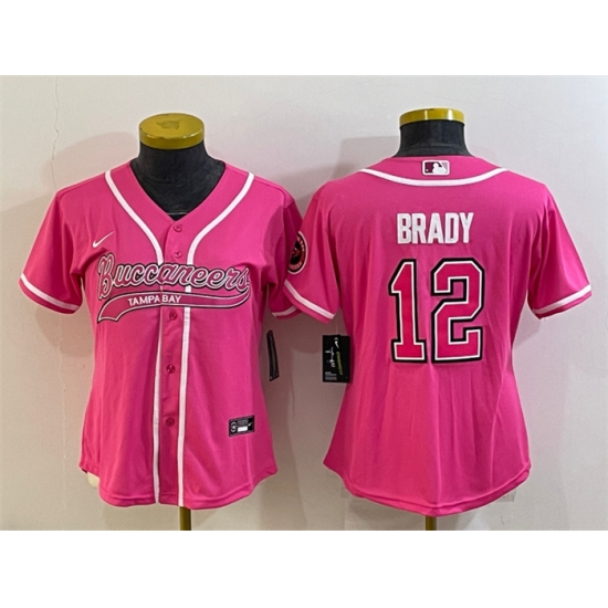 Women Tampa Bay Buccaneers 12 Tom Brady Pink With Patch Cool Base Stitched Baseball Jersey Women Tampa Bay Buccaneers 12 Tom Brady Pink With Patch Cool Base Stitched Baseball Jersey