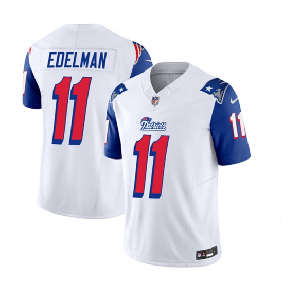 Men New England Patriots 11 Julian Edelman White Blue 2023 F U S E Throwback Limited Stitched Football Jersey Men New England Patriots 11 Julian Edelman White Blue 2023 F U S E Throwback Limited Stitched Football Jersey