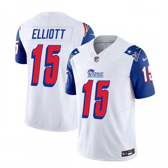 Men New England Patriots 15 Ezekiel Elliott White Blue 2023 F U S E Throwback Limited Stitched Football Jersey Men New England Patriots 15 Ezekiel Elliott White Blue 2023 F U S E Throwback Limited Stitched Football Jersey