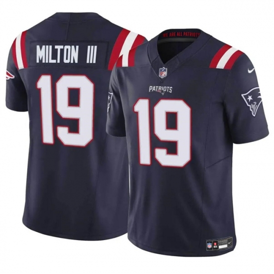 Men New England Patriots 19 Joe Milton III Navy 2024 F U S E Vapor Limited Stitched Football Jersey Men New England Patriots 19 Joe Milton III Navy 2024 F U S E Vapor Limited Stitched Football Jersey