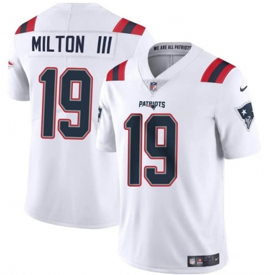 Men New England Patriots 19 Joe Milton III White 2024 Vapor Limited Stitched Football Jersey Men New England Patriots 19 Joe Milton III White 2024 Vapor Limited Stitched Football Jersey