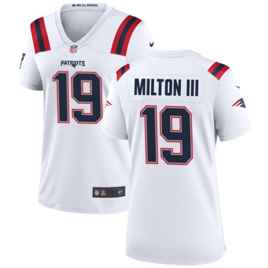 Women New England Patriots 19 Joe Milton III 2024 White Stitched Jersey Women New England Patriots 19 Joe Milton III 2024 White Stitched Jersey