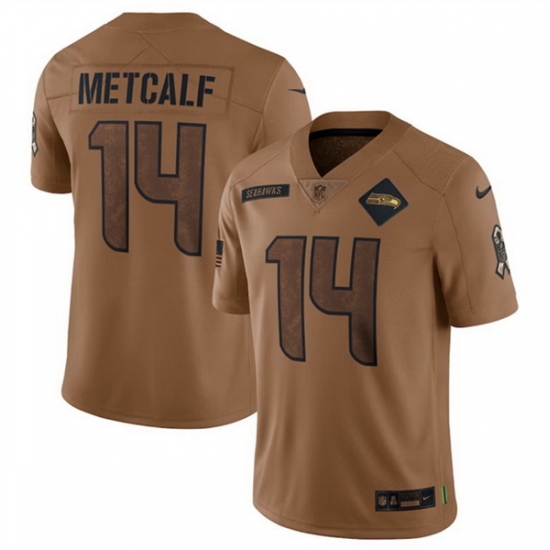 Men Seattle Seahawks 14 DK Metcalf 2023 Brown Salute To Service Limited Stitched Football Jersey Men Seattle Seahawks 14 DK Metcalf 2023 Brown Salute To Service Limited Stitched Football Jersey
