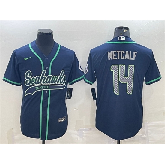 Men Seattle Seahawks 14 DK Metcalf Navy With Patch Cool Base Stitched Baseball Jersey Men Seattle Seahawks 14 DK Metcalf Navy With Patch Cool Base Stitched Baseball Jersey