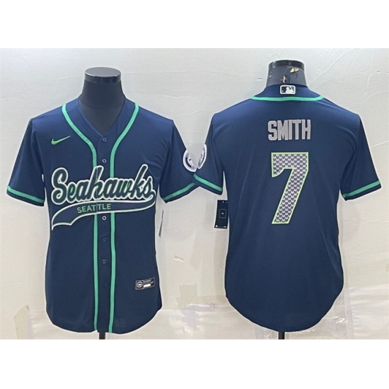 Men Seattle Seahawks 7 Geno Smith Navy With Patch Cool Base Stitched Baseball Jersey Men Seattle Seahawks 7 Geno Smith Navy With Patch Cool Base Stitched Baseball Jersey