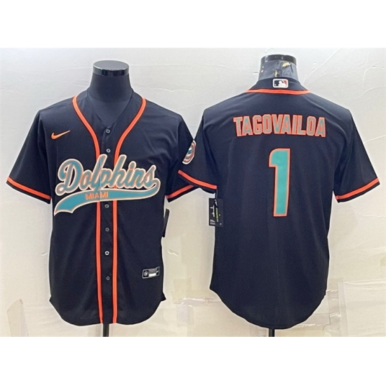 Men Miami Dolphins 1 Tua Tagovailoa Black With Patch Cool Base Stitched Baseball Jersey Men Miami Dolphins 1 Tua Tagovailoa Black With Patch Cool Base Stitched Baseball Jersey