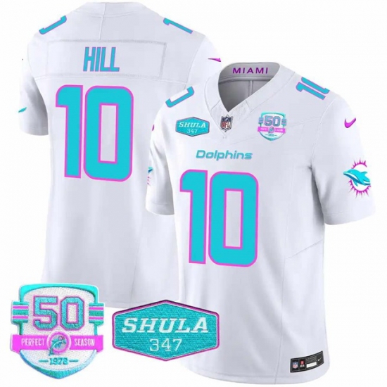 Men Miami Dolphins 10 Tyreek Hill White F U S E With 347 Shula Patch And 50th Perfect Season Patch Vapor Limited Stitched Football Jersey Men Miami Dolphins 10 Tyreek Hill White F U S E With 347 Shula Patch And 50th Perfect Season Patch Vapor Limited Stitched Football Jersey