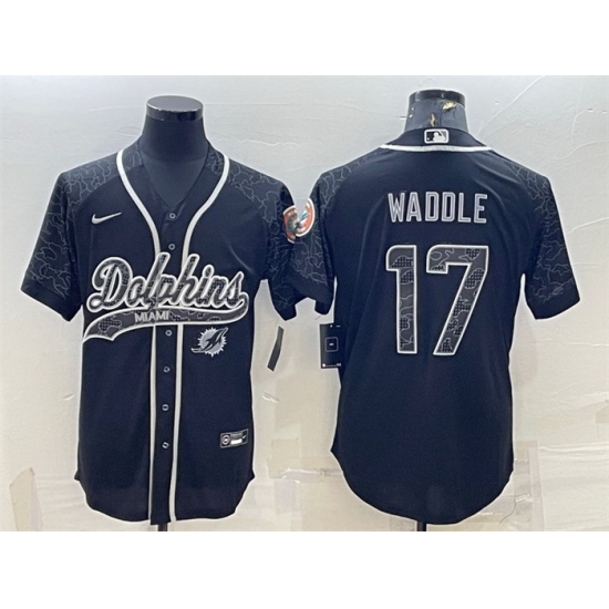 Men Miami Dolphins 17 Jaylen Waddle Black Reflective With Patch Cool Base Stitched Baseball Jersey Men Miami Dolphins 17 Jaylen Waddle Black Reflective With Patch Cool Base Stitched Baseball Jersey