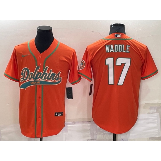 Men Miami Dolphins 17 Jaylen Waddle Orange Cool Base Stitched Baseball Jersey Men Miami Dolphins 17 Jaylen Waddle Orange Cool Base Stitched Baseball Jersey