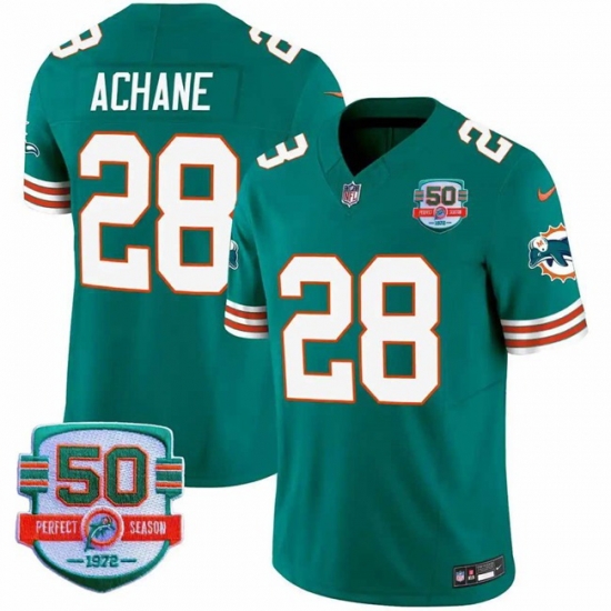 Men Miami Dolphins 28 De 27Von Achane Aqua F U S E With 50th Perfect Season Patch Vapor Limited Stitched Football Jersey Men Miami Dolphins 28 De 27Von Achane Aqua F U S E With 50th Perfect Season Patch Vapor Limited Stitched Football Jersey