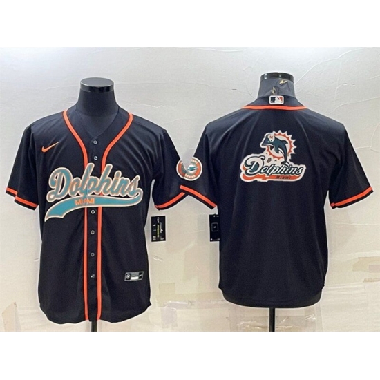 Men Miami Dolphins Black Team Big Logo With Patch Cool Base Stitched Baseball Jersey Men Miami Dolphins Black Team Big Logo With Patch Cool Base Stitched Baseball Jersey