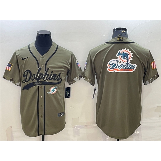 Men Miami Dolphins Olive 2022 Salute To Service Team Big Logo Cool Base Stitched Baseball Jersey II Men Miami Dolphins Olive 2022 Salute To Service Team Big Logo Cool Base Stitched Baseball Jersey II
