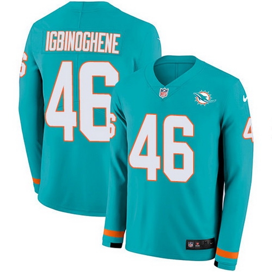 Nike Dolphins 46 Noah Igbinoghene Aqua Green Team Color Men Stitched NFL Limited Therma Long Sleeve Jersey Nike Dolphins 46 Noah Igbinoghene Aqua Green Team Color Men Stitched NFL Limited Therma Long Sleeve Jersey