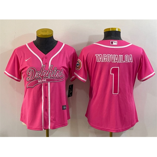 Women Miami Dolphins 1 Tua Tagovailoa Pink With Patch Cool Base Stitched Baseball Jersey Women Miami Dolphins 1 Tua Tagovailoa Pink With Patch Cool Base Stitched Baseball Jersey