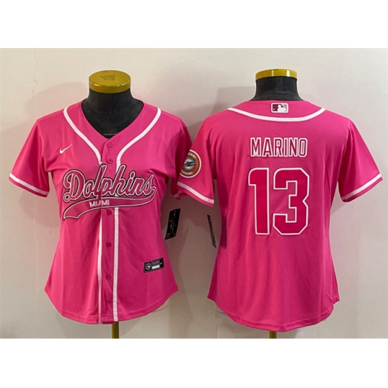 Women Miami Dolphins 13 Dan Marino Pink With Patch Cool Base Stitched Baseball Jersey Women Miami Dolphins 13 Dan Marino Pink With Patch Cool Base Stitched Baseball Jersey