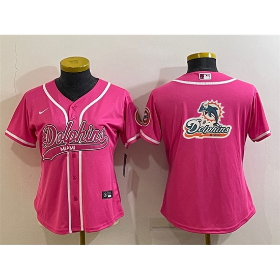 Women Miami Dolphins Pink Team Big Logo With Patch Cool Base Stitched Baseball Jersey Women Miami Dolphins Pink Team Big Logo With Patch Cool Base Stitched Baseball Jersey