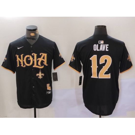 Men New Orleans Saints 12 Chris Olave Black Cool Base Stitched Baseball Jersey 1 Men New Orleans Saints 12 Chris Olave Black Cool Base Stitched Baseball Jersey 1
