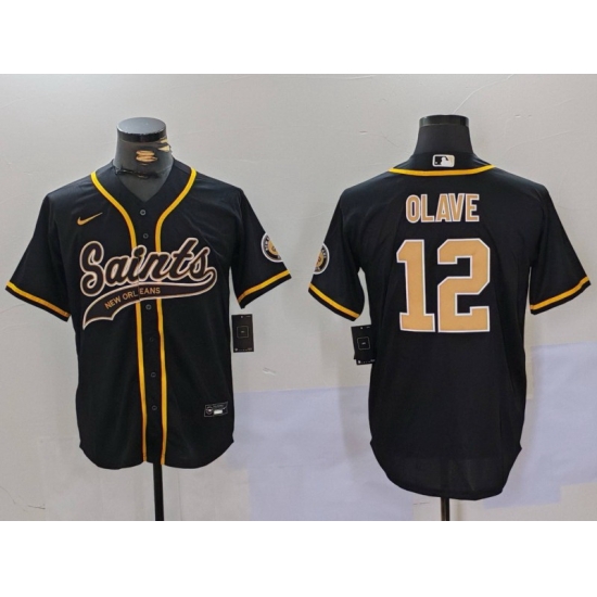 Men New Orleans Saints 12 Chris Olave Black Cool Base Stitched Baseball Jersey1 Men New Orleans Saints 12 Chris Olave Black Cool Base Stitched Baseball Jersey1