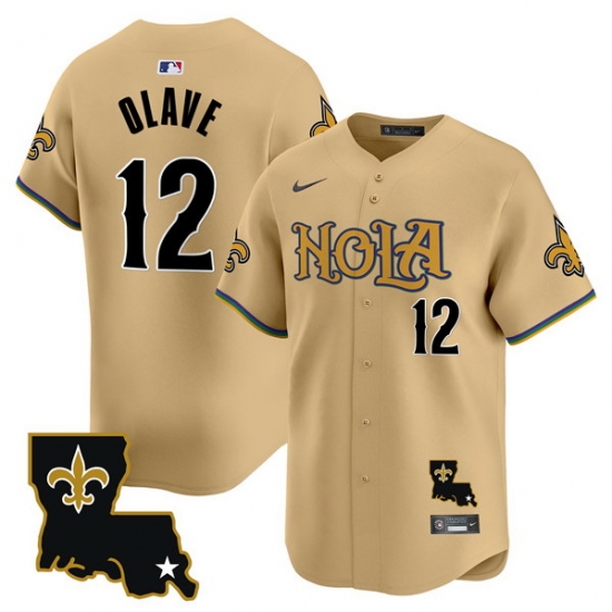 Men New Orleans Saints 12 Chris Olave Gold Cool Base Stitched Baseball Jersey Men New Orleans Saints 12 Chris Olave Gold Cool Base Stitched Baseball Jersey