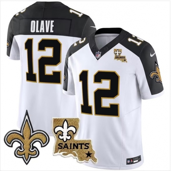 Men New Orleans Saints 12 Chris Olave White F U S E With Patch Vapor Stitched Jersey Men New Orleans Saints 12 Chris Olave White F U S E With Patch Vapor Stitched Jersey