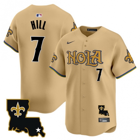Men New Orleans Saints 7 Taysom Hill Gold Cool Base Stitched Baseball Jersey Men New Orleans Saints 7 Taysom Hill Gold Cool Base Stitched Baseball Jersey