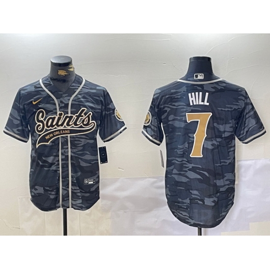 Men New Orleans Saints 7 Taysom Hill Grey Camo With Patch Cool Base Stitched Baseball Jersey Men New Orleans Saints 7 Taysom Hill Grey Camo With Patch Cool Base Stitched Baseball Jersey