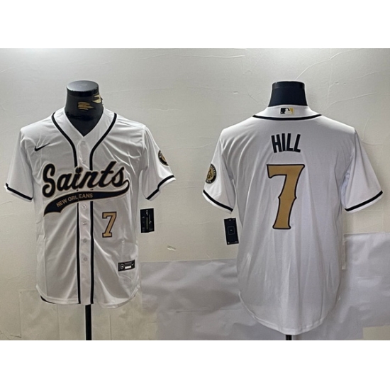 Men New Orleans Saints 7 Taysom Hill White With Patch Cool Base Stitched Baseball Jersey 1 Men New Orleans Saints 7 Taysom Hill White With Patch Cool Base Stitched Baseball Jersey 1