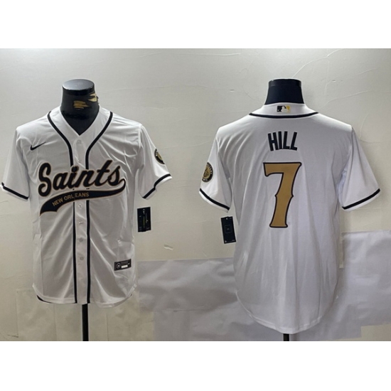 Men New Orleans Saints 7 Taysom Hill White With Patch Cool Base Stitched Baseball Jersey Men New Orleans Saints 7 Taysom Hill White With Patch Cool Base Stitched Baseball Jersey
