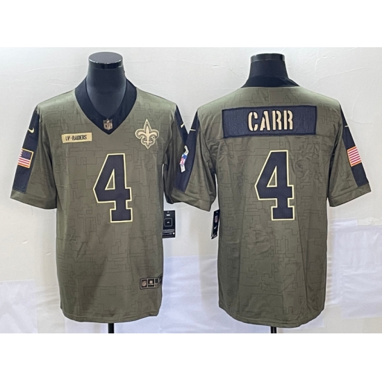 Men's New Orleans Saints #4 Derek Carr 2021 Olive Salute To Service Limited Stitched Jersey Men's New Orleans Saints #4 Derek Carr 2021 Olive Salute To Service Limited Stitched Jersey