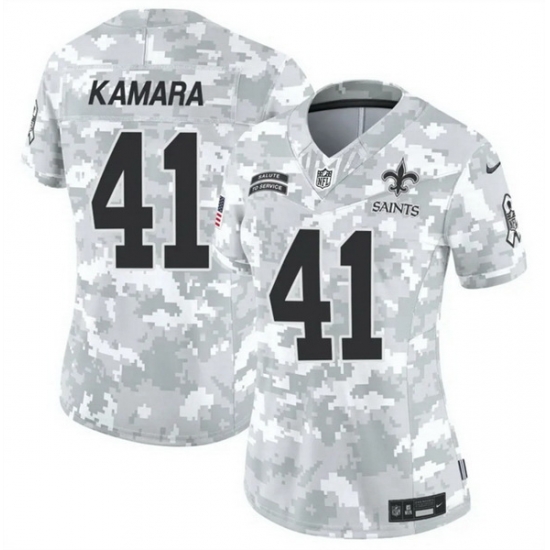 Women New Orleans Saints 41 Alvin Kamara 2024 F U S E Arctic Camo Salute To Service Limited Stitched Football Jersey Women New Orleans Saints 41 Alvin Kamara 2024 F U S E Arctic Camo Salute To Service Limited Stitched Football Jersey