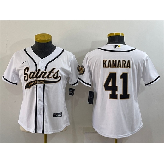 Women New Orleans Saints 41 Alvin Kamara White With Patch Cool Base Stitched Baseball Jersey Women New Orleans Saints 41 Alvin Kamara White With Patch Cool Base Stitched Baseball Jersey