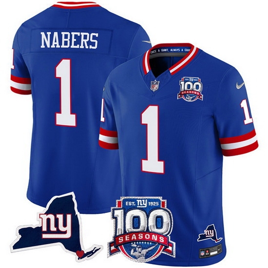 Men New York Giants 1 Malik Nabers Royal 2024 F U S E 100th Season And State Patch Vapor Limited Stitched Football Jersey Men New York Giants 1 Malik Nabers Royal 2024 F U S E 100th Season And State Patch Vapor Limited Stitched Football Jersey