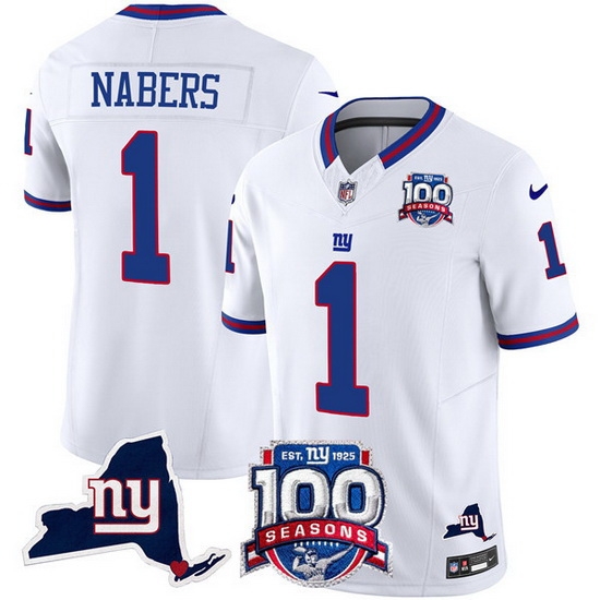 Men New York Giants 1 Malik Nabers White 2024 F U S E 100th Season And State Patch Vapor Limited Stitched Football Jersey Men New York Giants 1 Malik Nabers White 2024 F U S E 100th Season And State Patch Vapor Limited Stitched Football Jersey