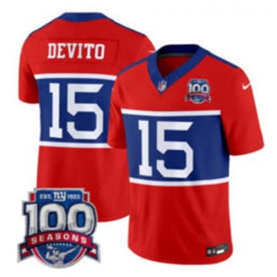 Men New York Giants 15 Tommy DeVito Century Red F U S E 100TH Season Commemorative Patch Limited Stitched Football Jersey Men New York Giants 15 Tommy DeVito Century Red F U S E 100TH Season Commemorative Patch Limited Stitched Football Jersey