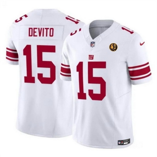 Men New York Giants 15 Tommy DeVito White 2023 F U S E With John Madden Patch Vapor Limited Stitched Football Jersey Men New York Giants 15 Tommy DeVito White 2023 F U S E With John Madden Patch Vapor Limited Stitched Football Jersey